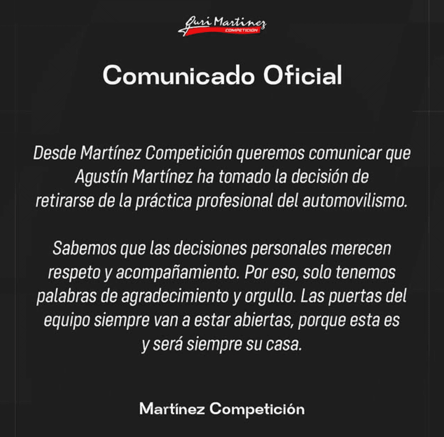 Agustín Martínez anunció su retiro 3 El comunicado anunciando el retiro de Agustín Martínez