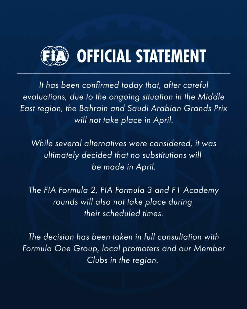El comunicado de la FIA sobre la suspensión de Bahrein y Arabia Saudita