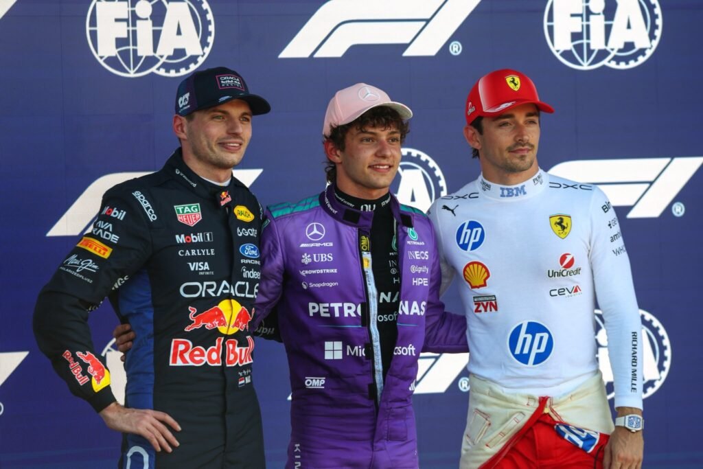 Los tres mejores de la qualy de Miami: Antonelli, Verstappen y Leclerc. Colapinto fue octavo.