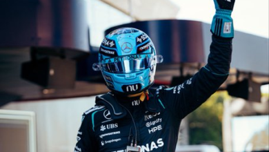 Russell celebra la pole en el GP de Barcelona