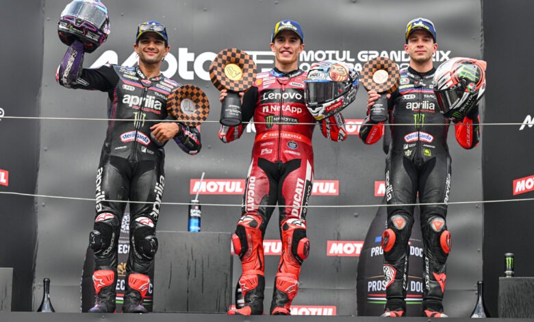 El podio de Japón con Marc Márquez, Jorge Martín y Marco Bezzecchi
